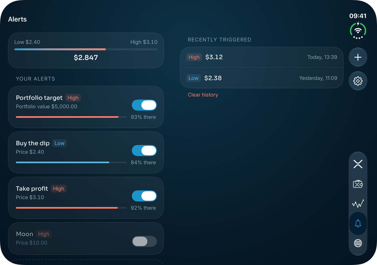 Alerts in XRP Alerts on iPhone Duo: Your alerts and how close each one is, beside what's fired.
