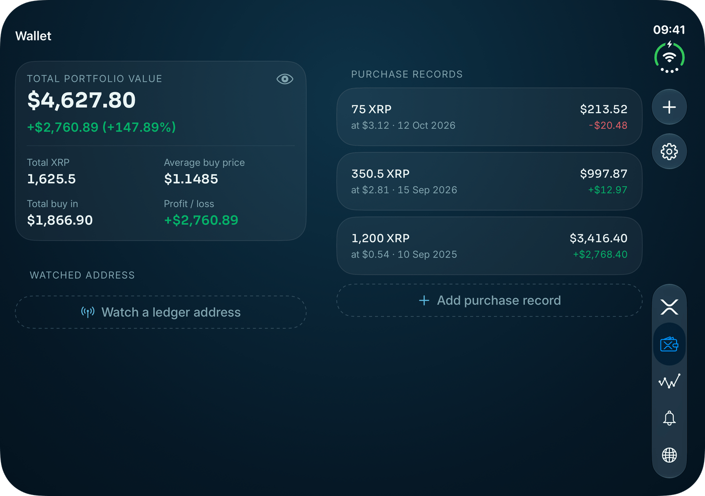 Wallet in XRP Alerts on iPhone Duo: Your totals and a watched address beside your purchases.