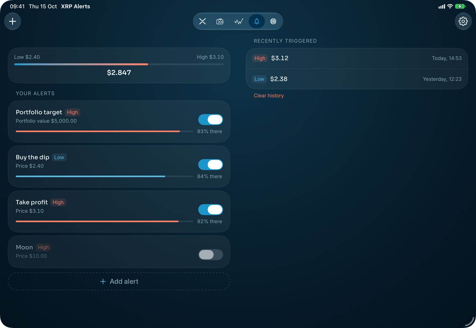 Alerts in XRP Alerts on iPad: Your alerts beside what's fired.