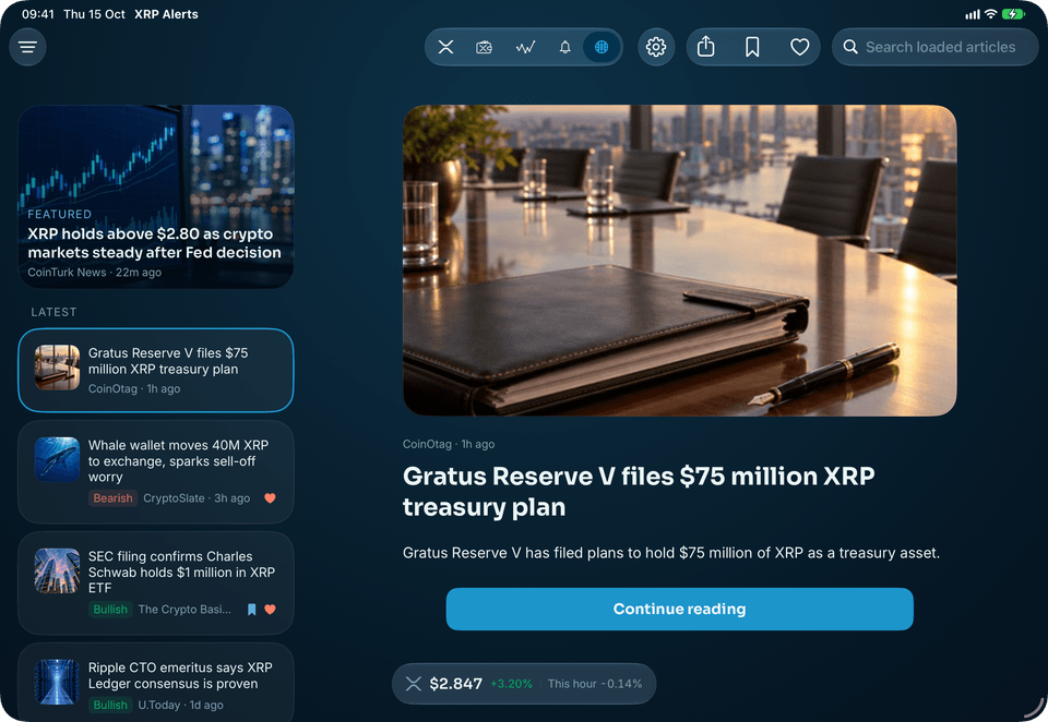 XRP Alerts on iPad: an XRP story beside the news feed
