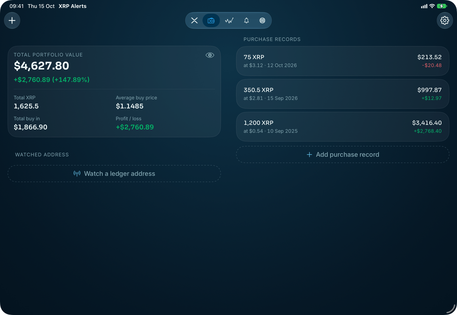 Wallet in XRP Alerts on iPad: Your totals beside your purchases.